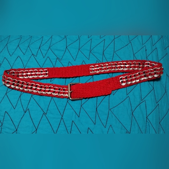 Handmade Upcycled Pull-Tab Soda Belt Red measures approx 40" single layer tabs - Picture 8 of 13